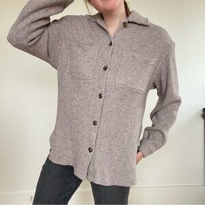Cozy waffle knit Button-Up Knit Shirt Jacket in Taupe